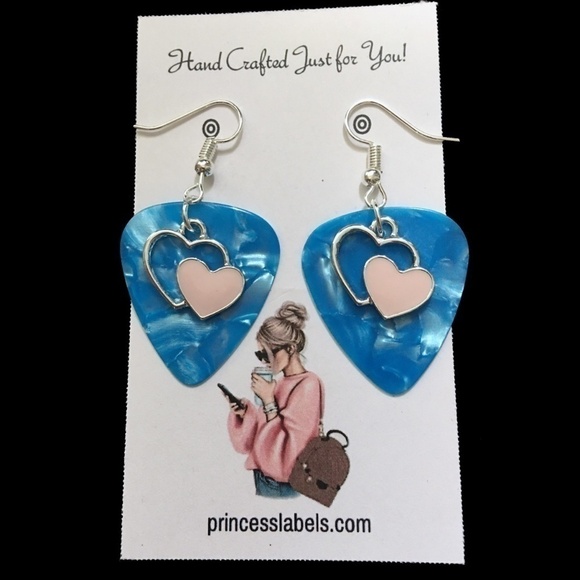 REPURPOSED Guitar Pick Earrings Hand Crafted Double Hearts Silver Tone - Picture 3 of 7